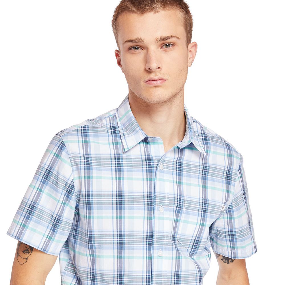 Camasi Timberland Barbati Albastri/Albi - Short-Sleeve Indian River Madras - Romania - KYXDQE371